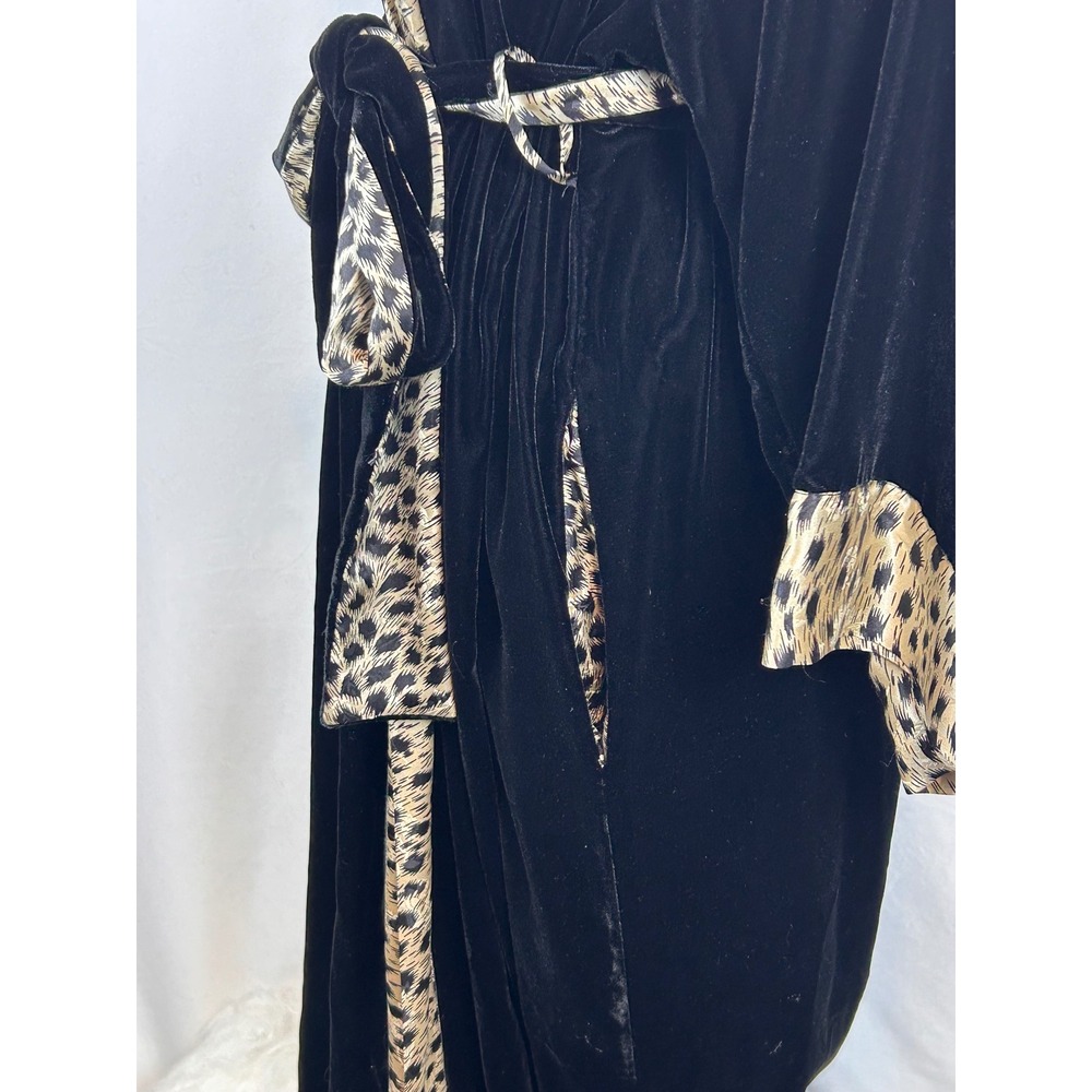 August Silk Velvet Robe Women Size 8 Black Leopard Trim Long Duster - Picture 7 of 11